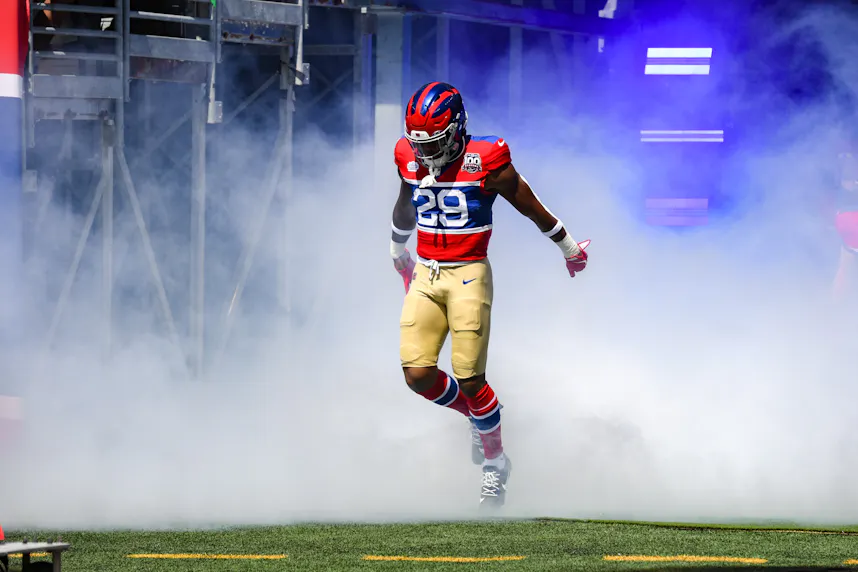 New York Giants running back Tyrone Tracy Jr. during pregame introductions as we look at our anytime touchdown scorer predictions for Thursday Night Football.