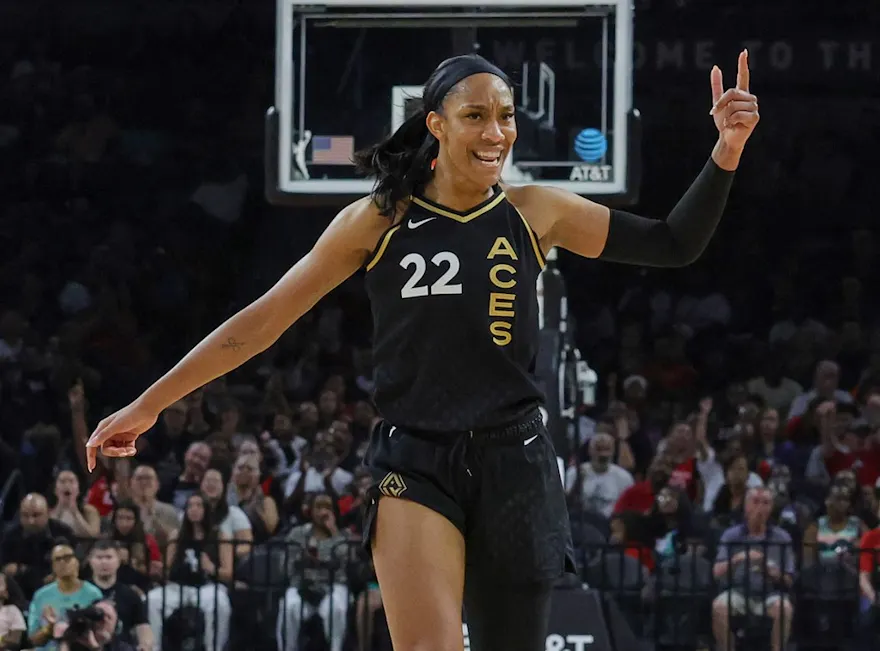 A'ja Wilson of the Las Vegas Aces reacts after scoring as we look at the 2024 WNBA odds.