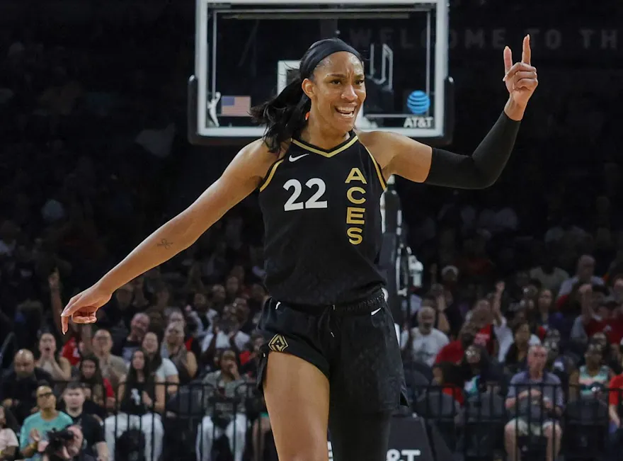 A'ja Wilson of the Las Vegas Aces reacts after scoring as we look at the 2023 WNBA odds.