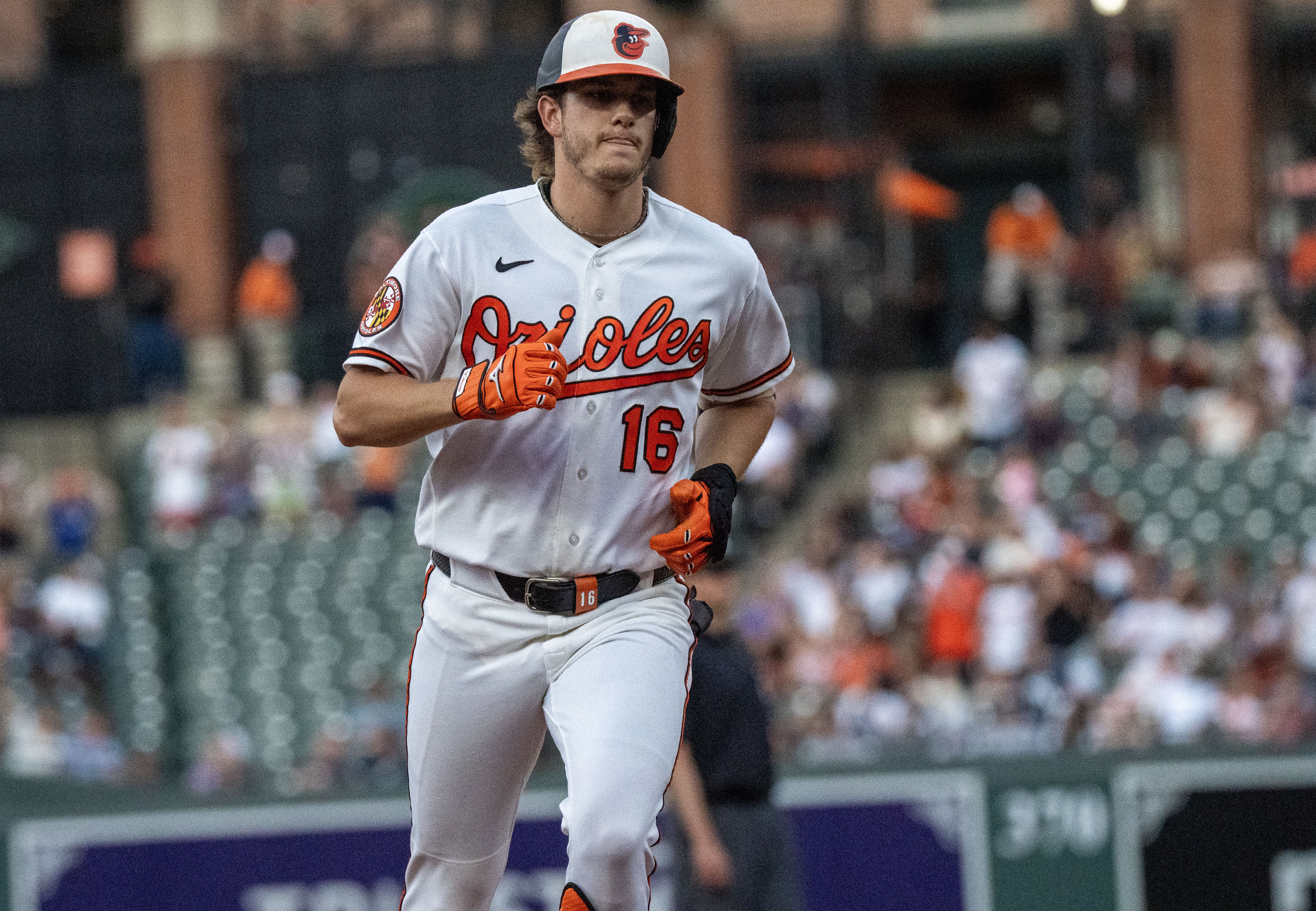 Baltimore Orioles third baseman Coby Mayo (16) comes in on a solo home run as he is featured in our Rays vs. Orioles prediction.