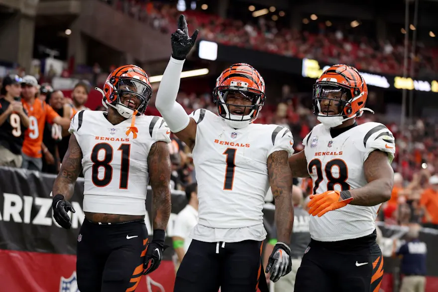 Ja'Marr Chase of the Cincinnati Bengals celebrates a touchdown against the Arizona Cardinals during the first quarter at State Farm Stadium as we look at our Bills-Bengals prediction.