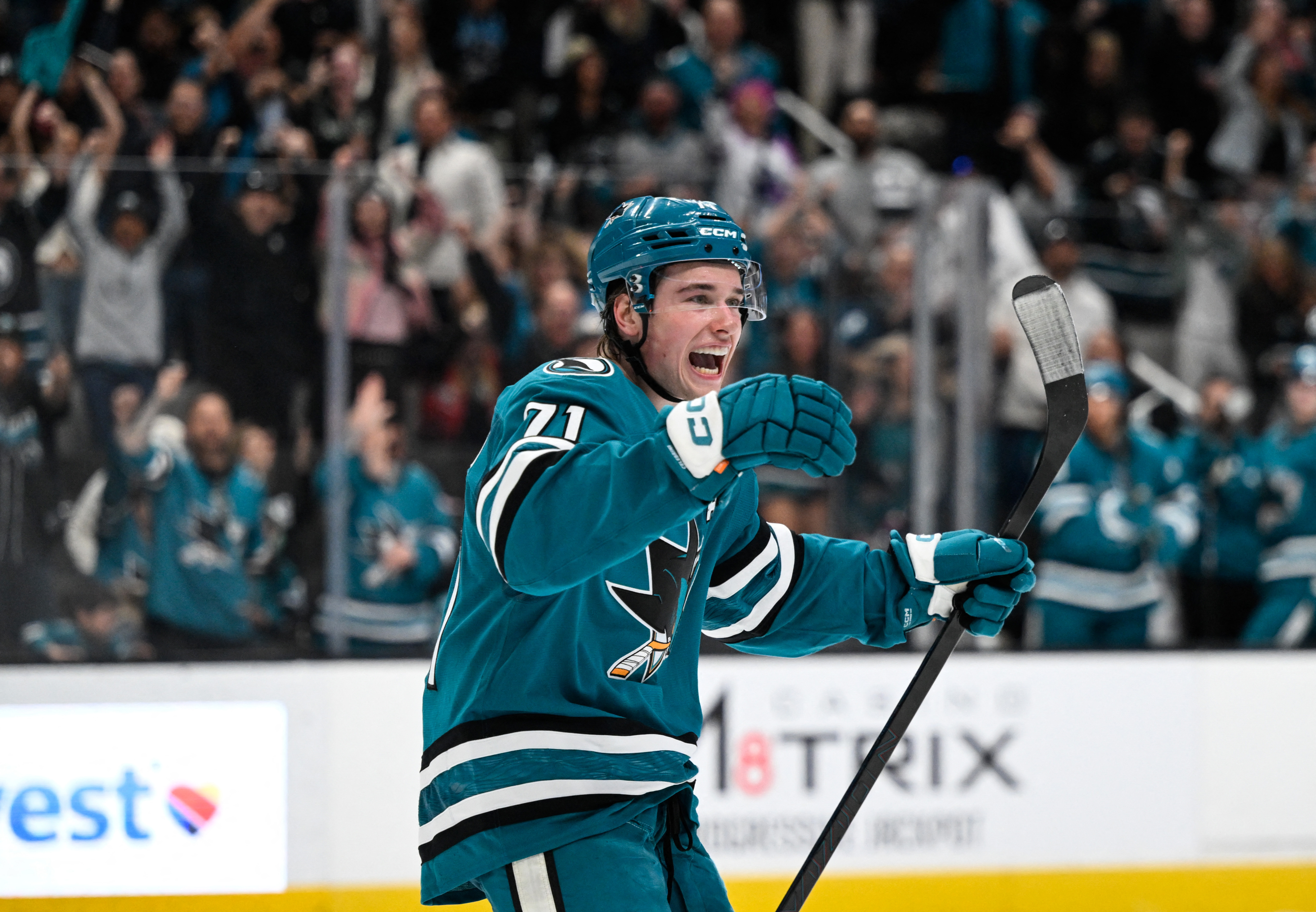 Macklin Celebrini celebrating a goal as we provide our NHL player props for today's action. 