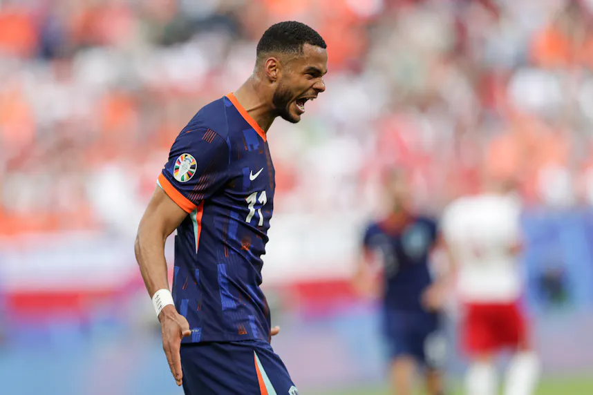 Cody Gakpo celebrates a goal during the UEFA EURO 2024 Final match between Poland and Netherlands as we predict the outcome and provide best bets for the Euro 2024 contest between France and the Netherlands.