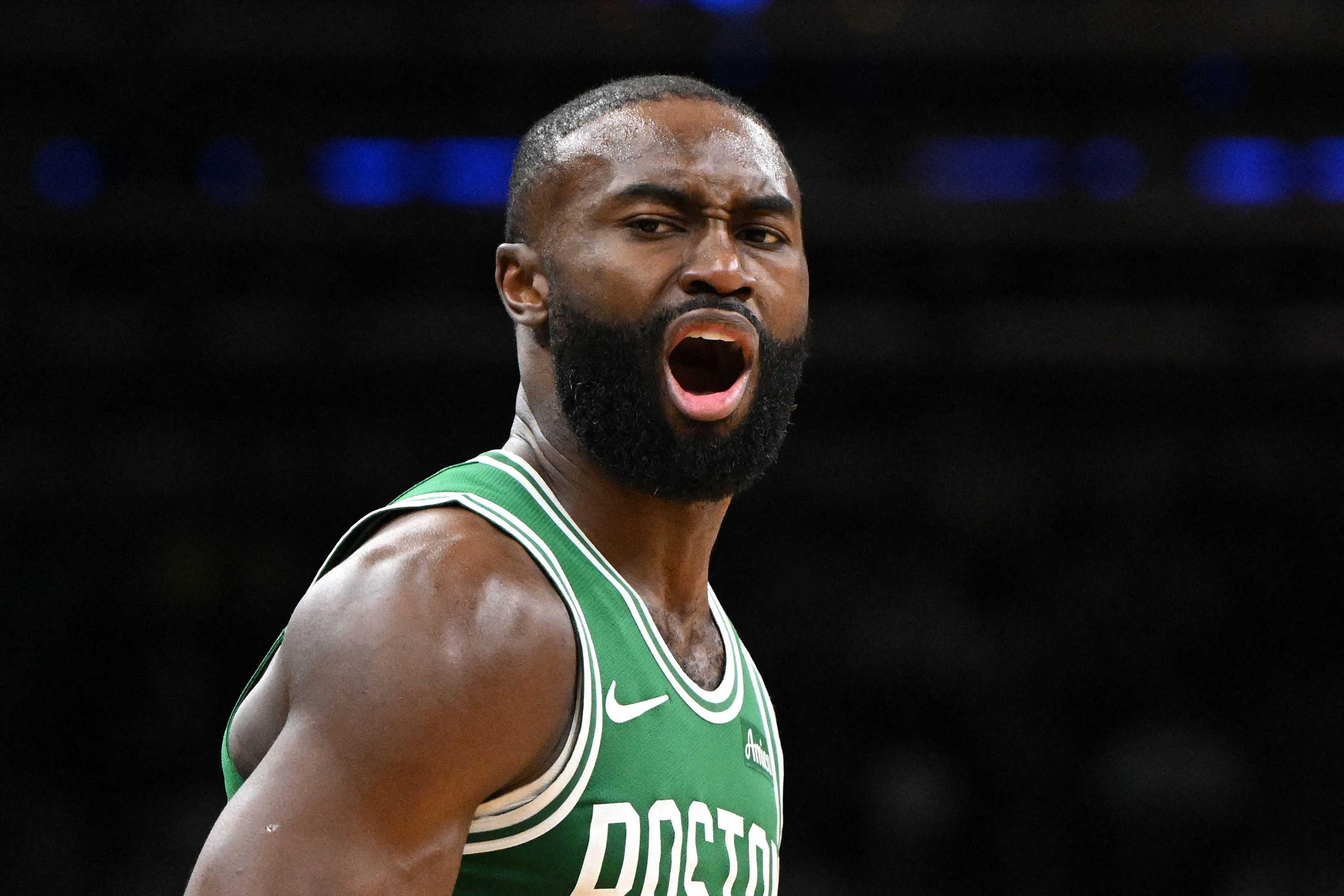 Boston Celtics guard Jaylen Brown (7) reacts as we break down the latest Jaylen Brown next team odds.