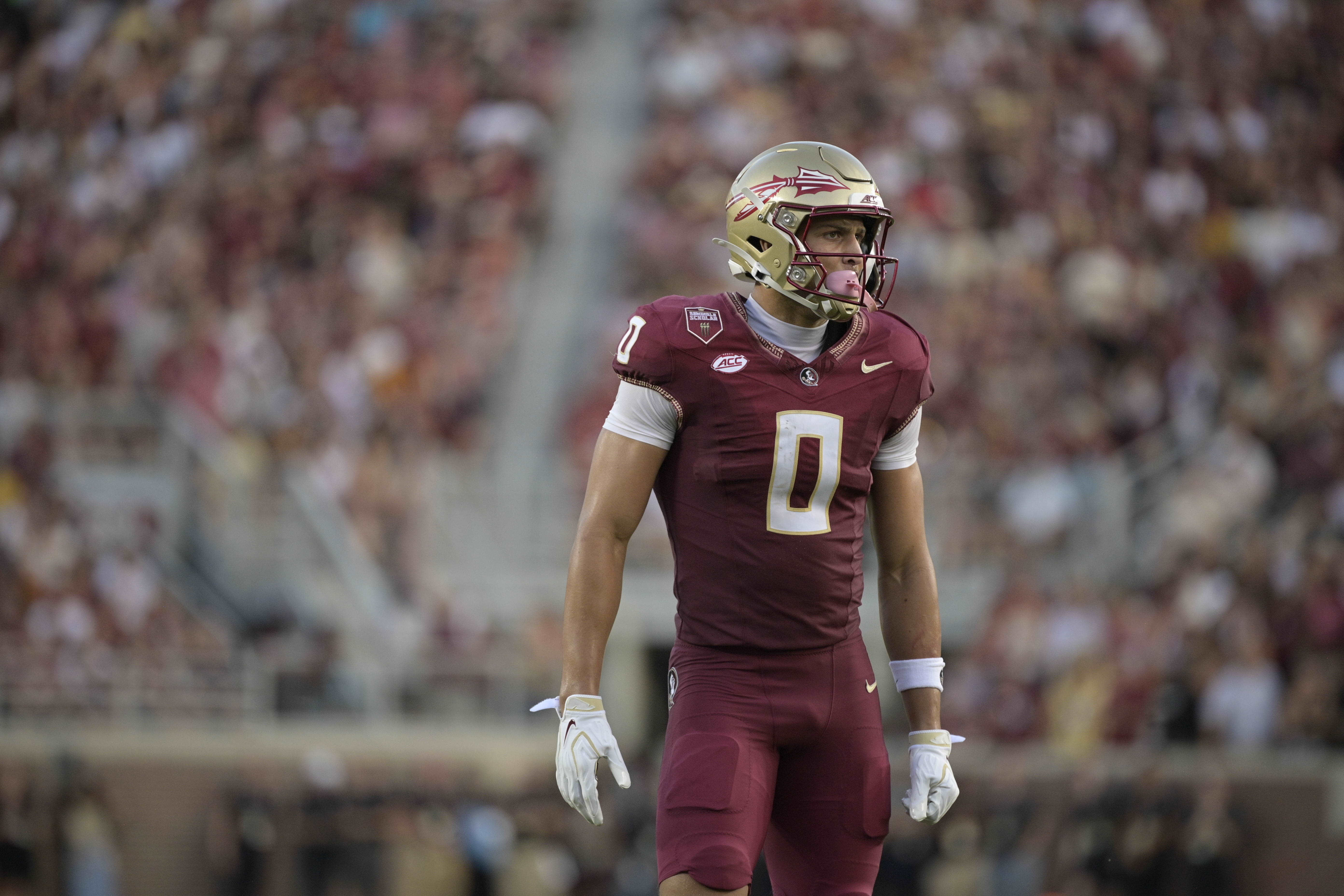 Florida State wide receiver Duce Robinson stands on the field as we make our best FSU vs. Florida State same-game parlay.