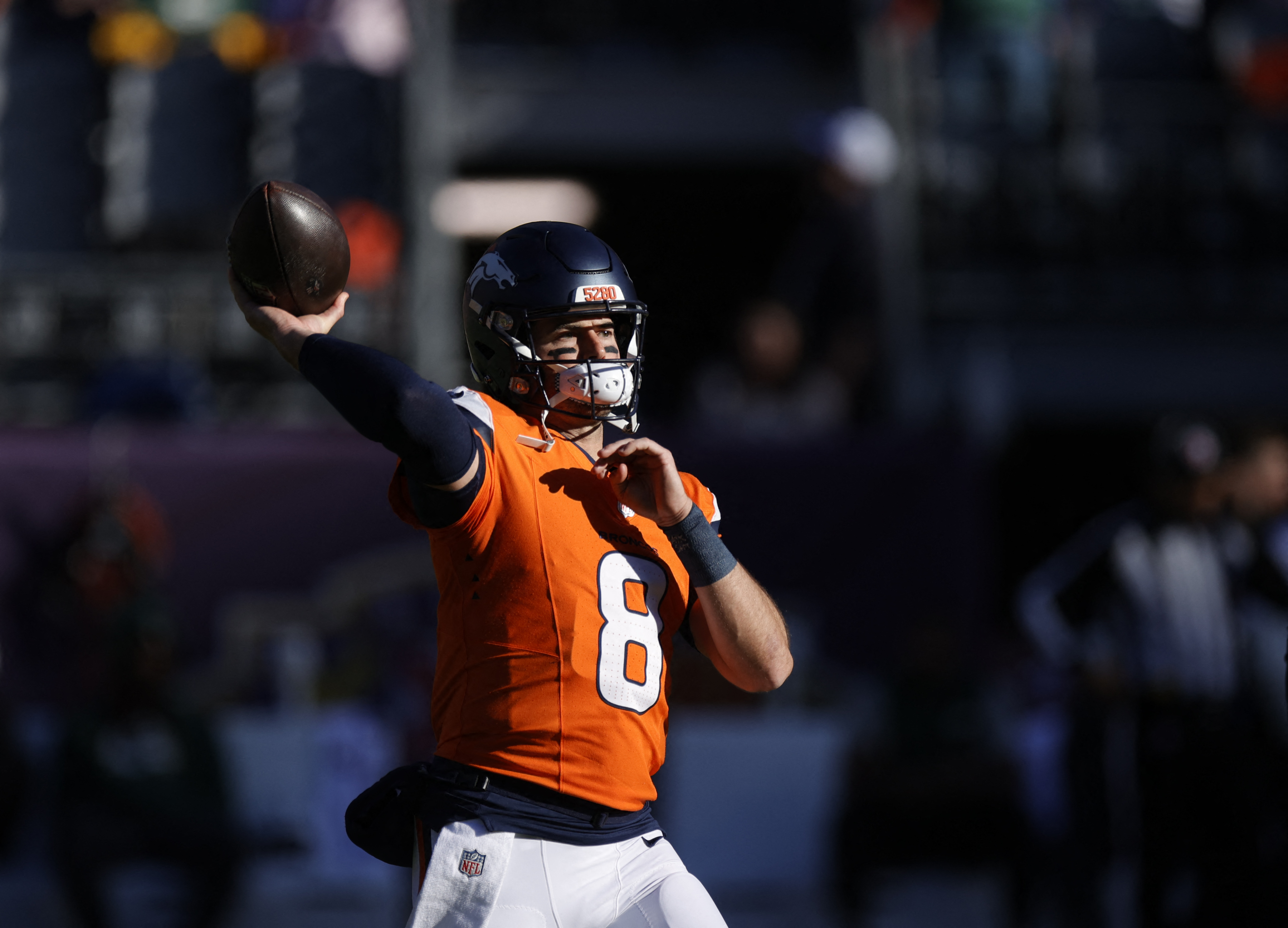 Denver Broncos quarterback Jarrett Stidham (8) warms up as we break down how the Broncos win Super Bowl.