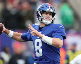 Daniel Jones of the New York Giants looks to throw the ball against the Philadelphia Eagles at MetLife Stadium on Dec. 11, 2022 in East Rutherford, New Jersey.