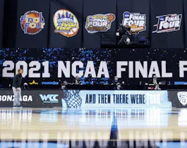 A general view of signage during the 2021 NCAA Final Four semifinal between the UCLA Bruins and the Gonzaga Bulldogs at Lucas Oil Stadium in Indianapolis, Indiana. Photo by Jamie Squire/Getty Images via AFP.