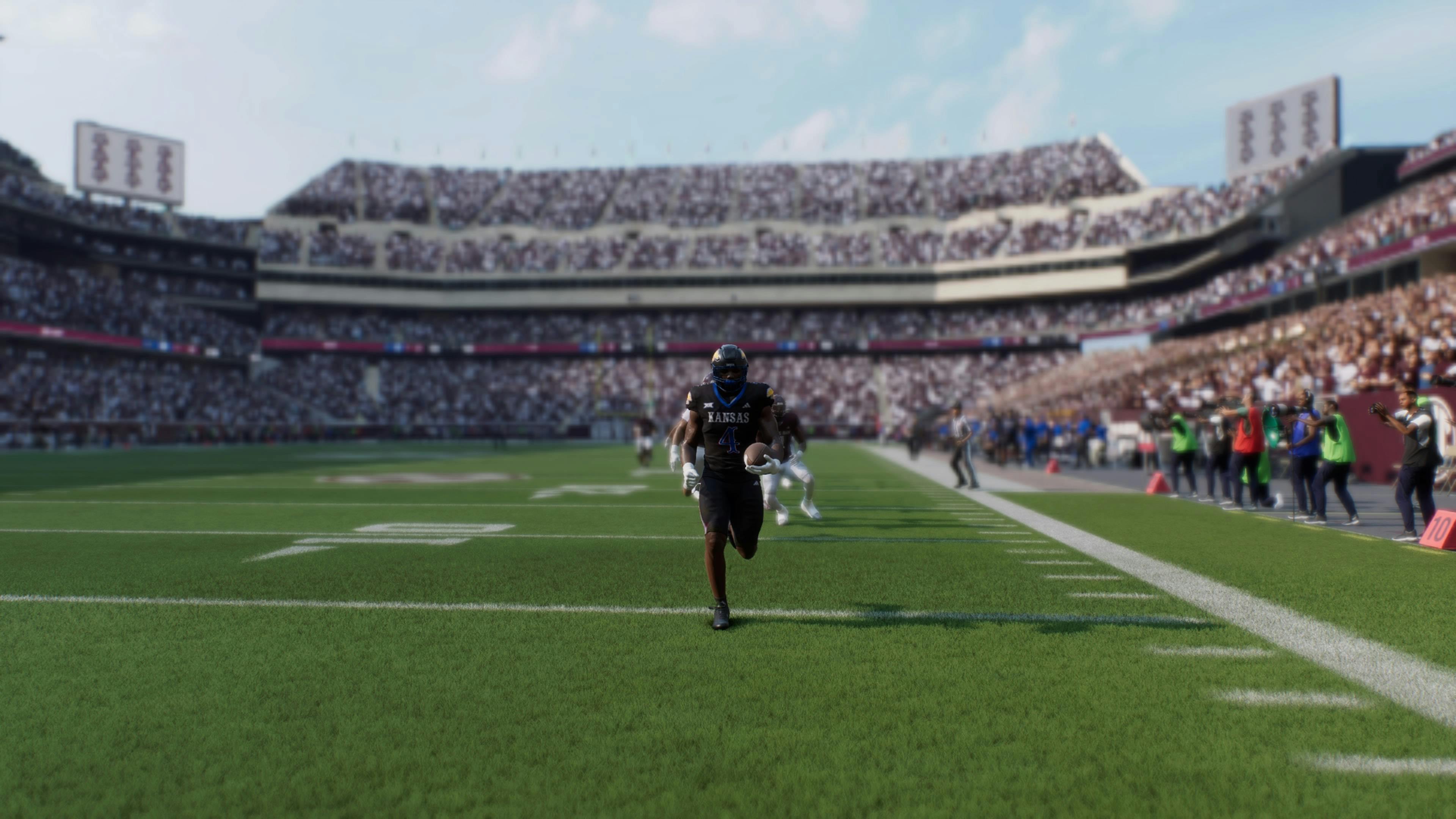 Kansas running back Devin Neal silencing the crowd at Kyle Field with a 79-yard touchdown run. Screenshot via EA Sports College Football 25.