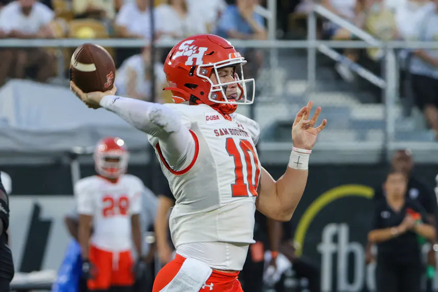 Sam Houston State Bearkats quarterback Hunter Watson passes the ball as we make our Georgia Southern vs. Sam Houston State prediction for the New Orleans Bowl.