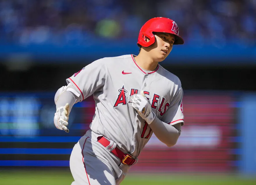 Shohei Ohtani of the Los Angeles Angels rounds the bases on his home run against the Toronto Blue Jays.