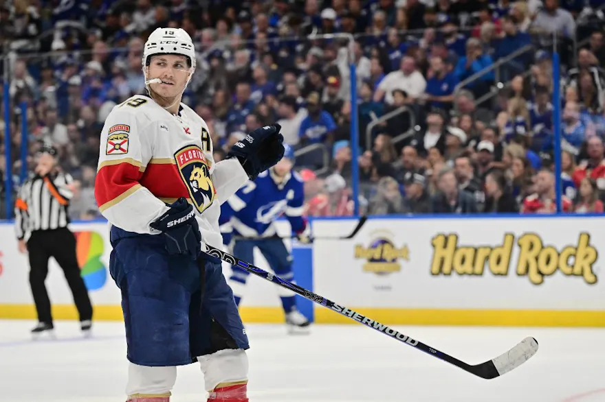 Matthew Tkachuk looks on during the second period against the Tampa Bay Lightning during the first round as we offer our best Game 1 predictions for the second-round series between the Boston Bruins and Florida Panthers. 