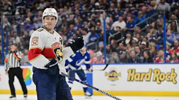 Matthew Tkachuk looks on during the second period against the Tampa Bay Lightning during the first round as we offer our best Game 1 predictions for the second-round series between the Boston Bruins and Florida Panthers. 