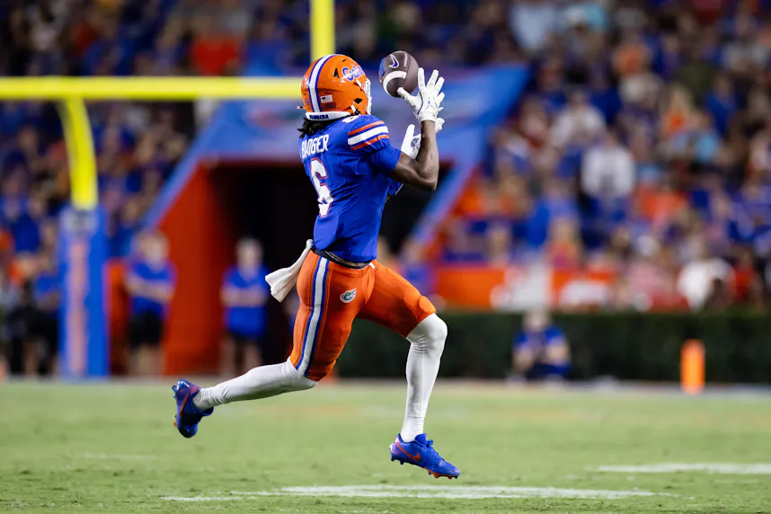 Florida wide receiver Elijhah Badger makes a catch against Samford. We're backing the Gators in our Florida vs. Mississippi State prediction.