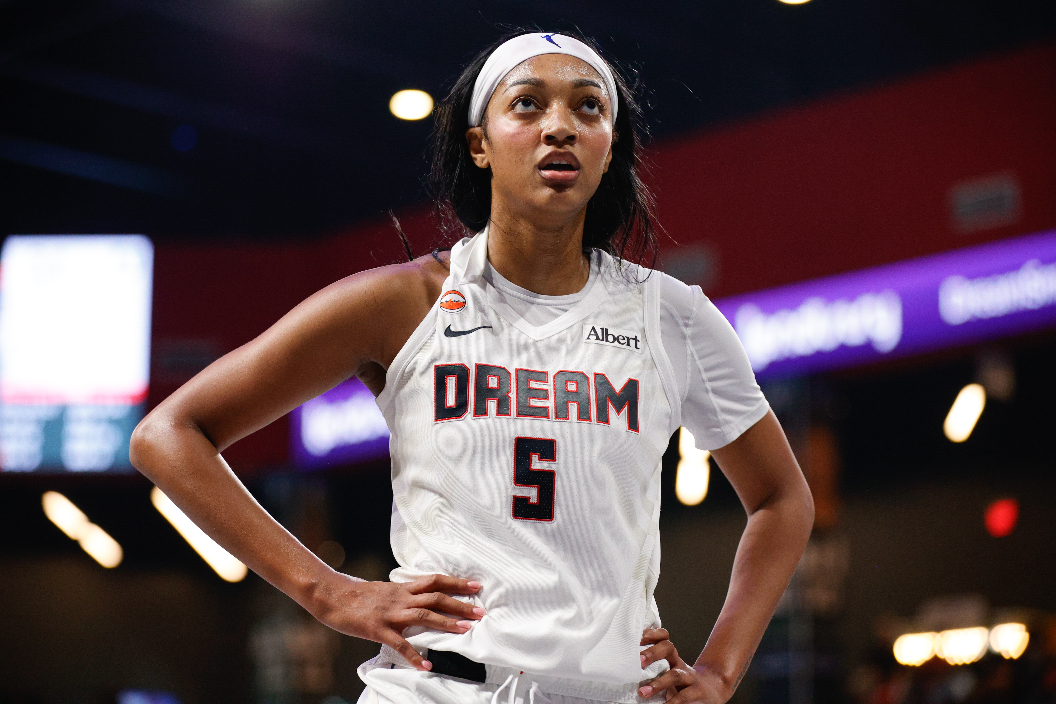 Atlanta Dream forward Angel Reese (5) looks on as we break down our Sky vs. Dream prediction.