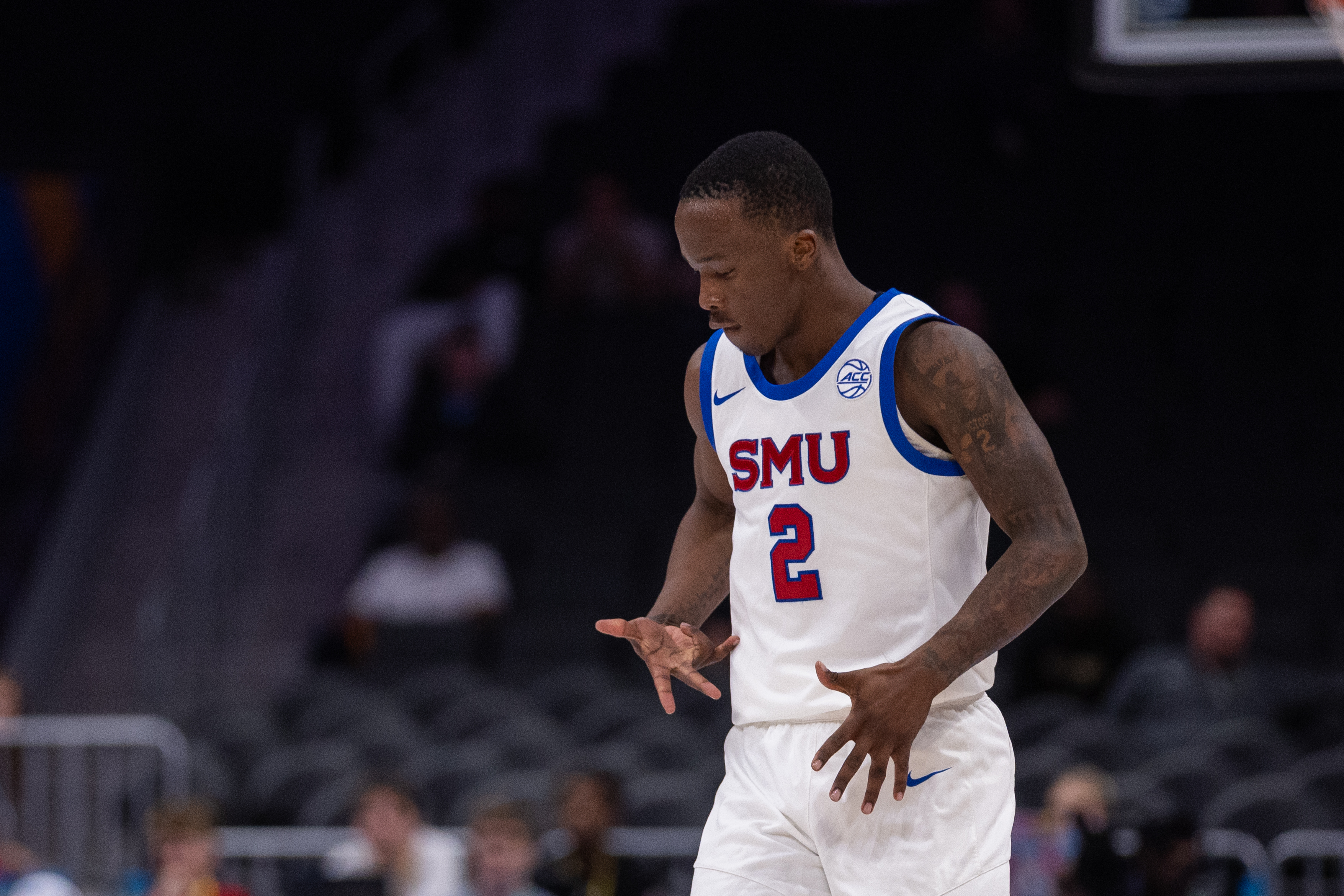 SMU Mustangs guard Boopie Miller (2) celebrates a three point basket as he is featured in our Miami (OH) vs. SMU Prediction.