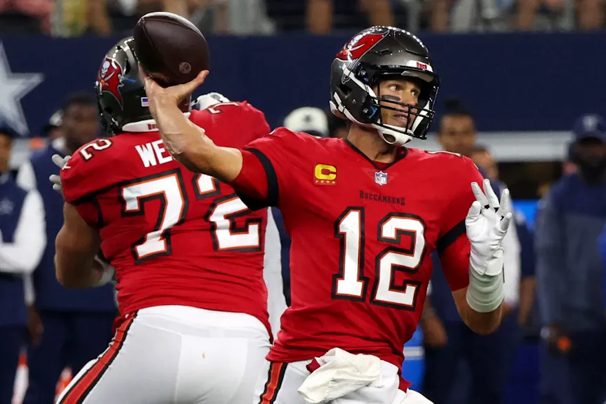 Tom Brady of the Tampa Bay Buccaneers throws against the Dallas Cowboys during the second half at AT&T Stadium.