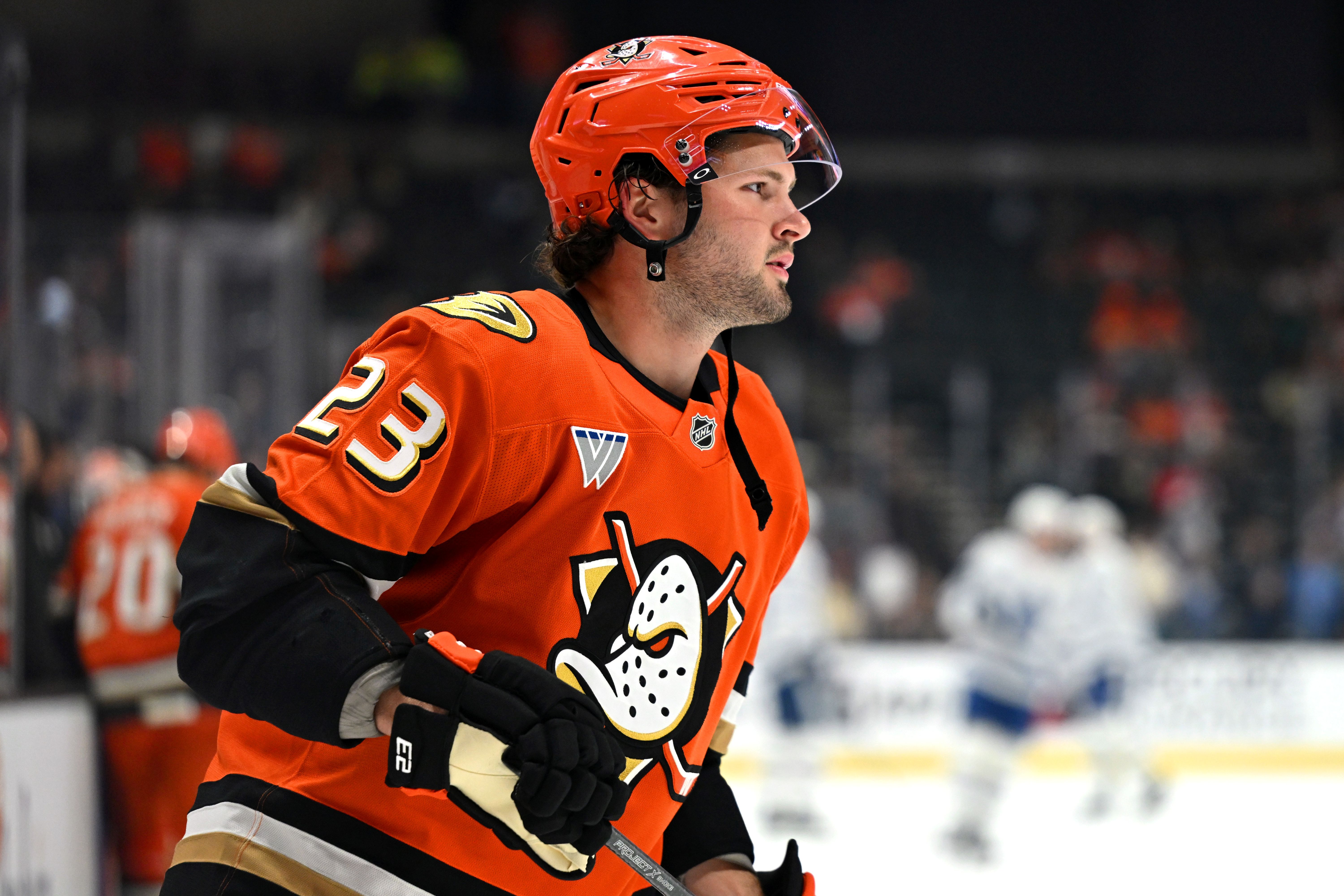 Anaheim Ducks center Mason McTavish (23), seen here warming up before a game, is featured in our Golden Knights vs. Ducks prediction for Game 6 today.