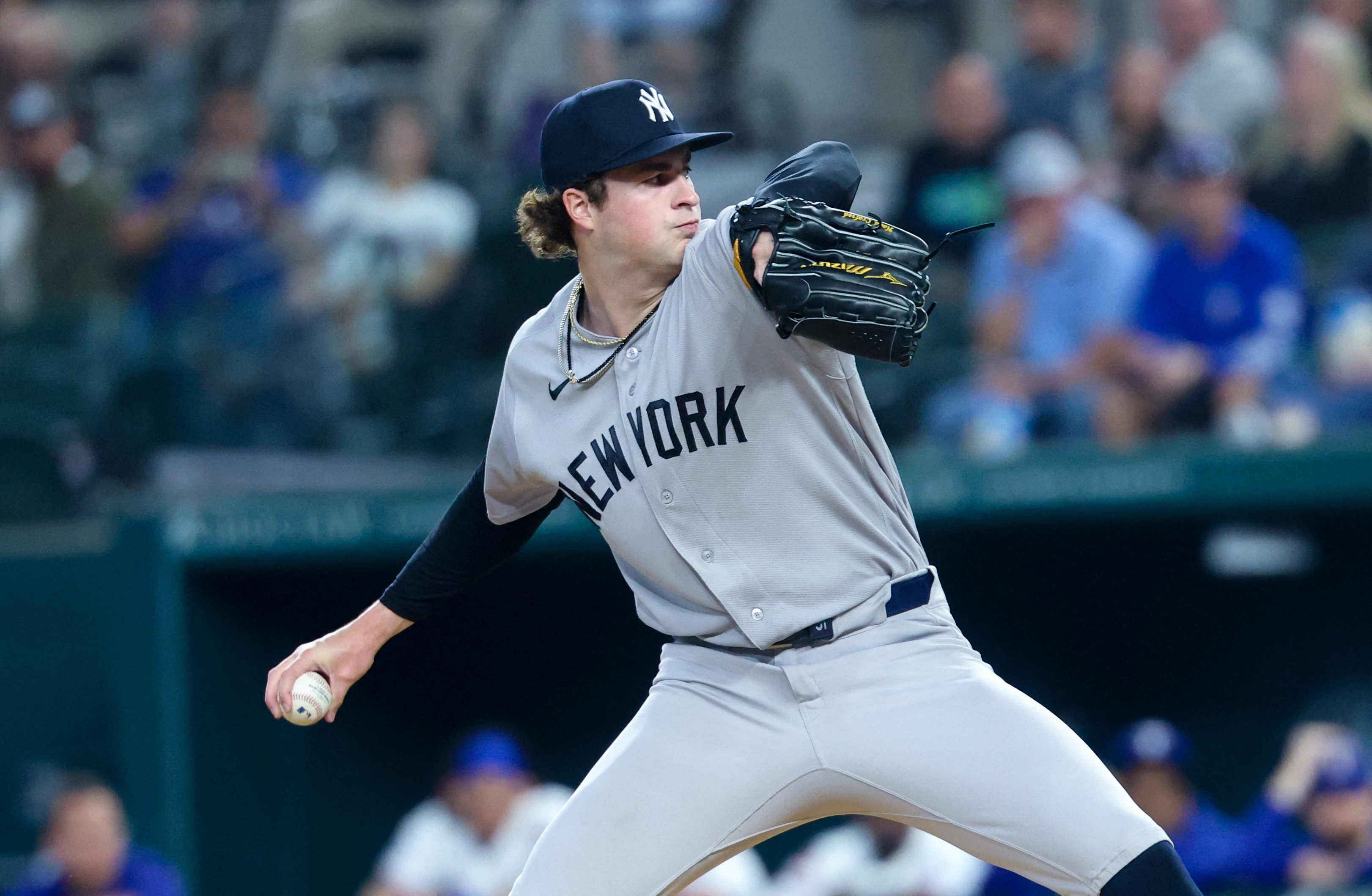 New York Yankees starting pitcher Cam Schlittler throws during the first inning against the Texas Rangers at Globe Life Field. 