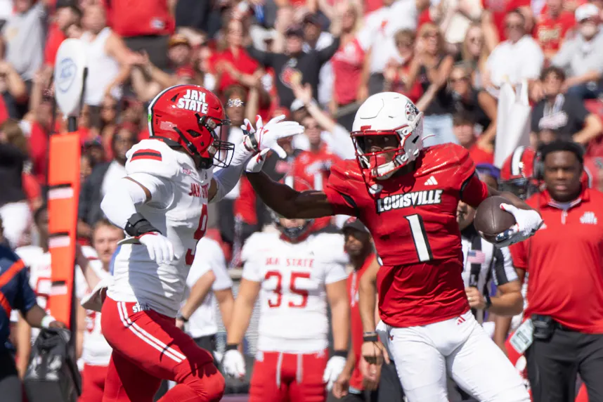 Louisville wide receiver Ja'Corey Brooks against Jacksonville State. We're backing the Cardinals in our college football Week 4 against the spread picks.