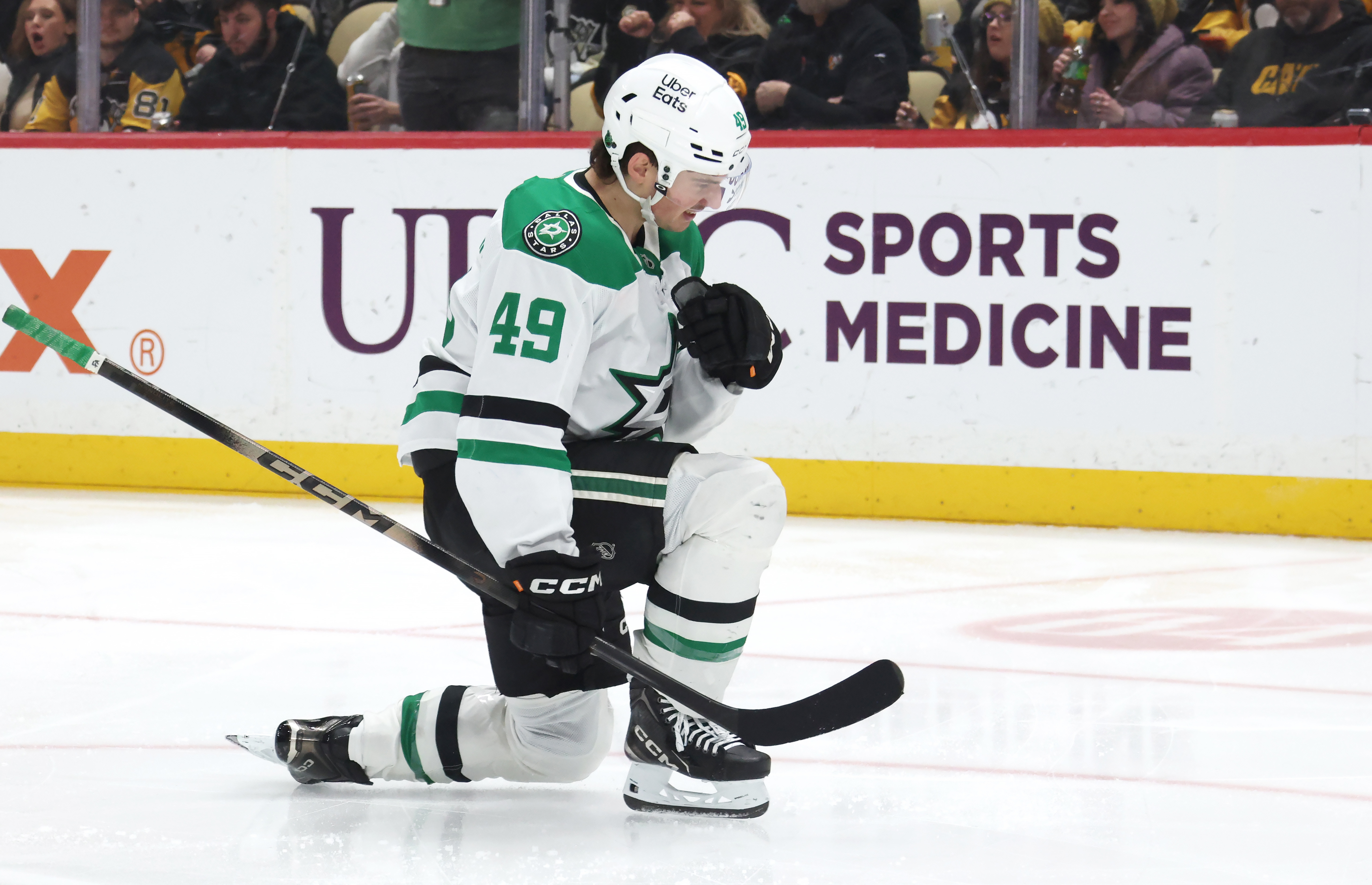 Dallas Stars center Justin Hryckowian (49) celebrates after scoring a goal as he is featured in our Wild vs. Stars game 1 prediction & odds.