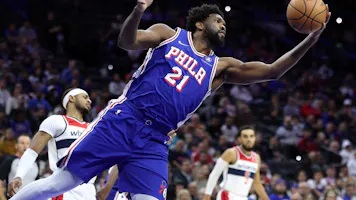 Joel Embiid of the Philadelphia 76ers gets a rebound during the first quarter against the Washington Wizards. We're backing Embiid in our Heat vs. 76ers player props.
