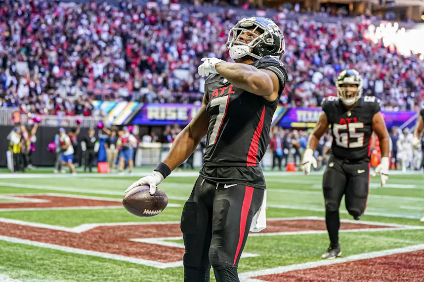 Atlanta Falcons running back Bijan Robinson reacts after running for a touchdown as we look at PrizePicks naming its new CEO.