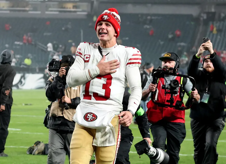 Brock Purdy of the San Francisco 49ers celebrates a win over the Philadelphia Eagles, and we offer new U.S. bettors our exclusive BetMGM bonus code for the Big Game on Sunday.