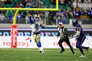 Zach Collaros of the Winnipeg Blue Bombers throws in the run in the first half of the 109th Grey Cup game between the Toronto Argonauts and Winnipeg Blue Bombers. The Blue Bombers lead the 2024 Grey Cup Odds. 