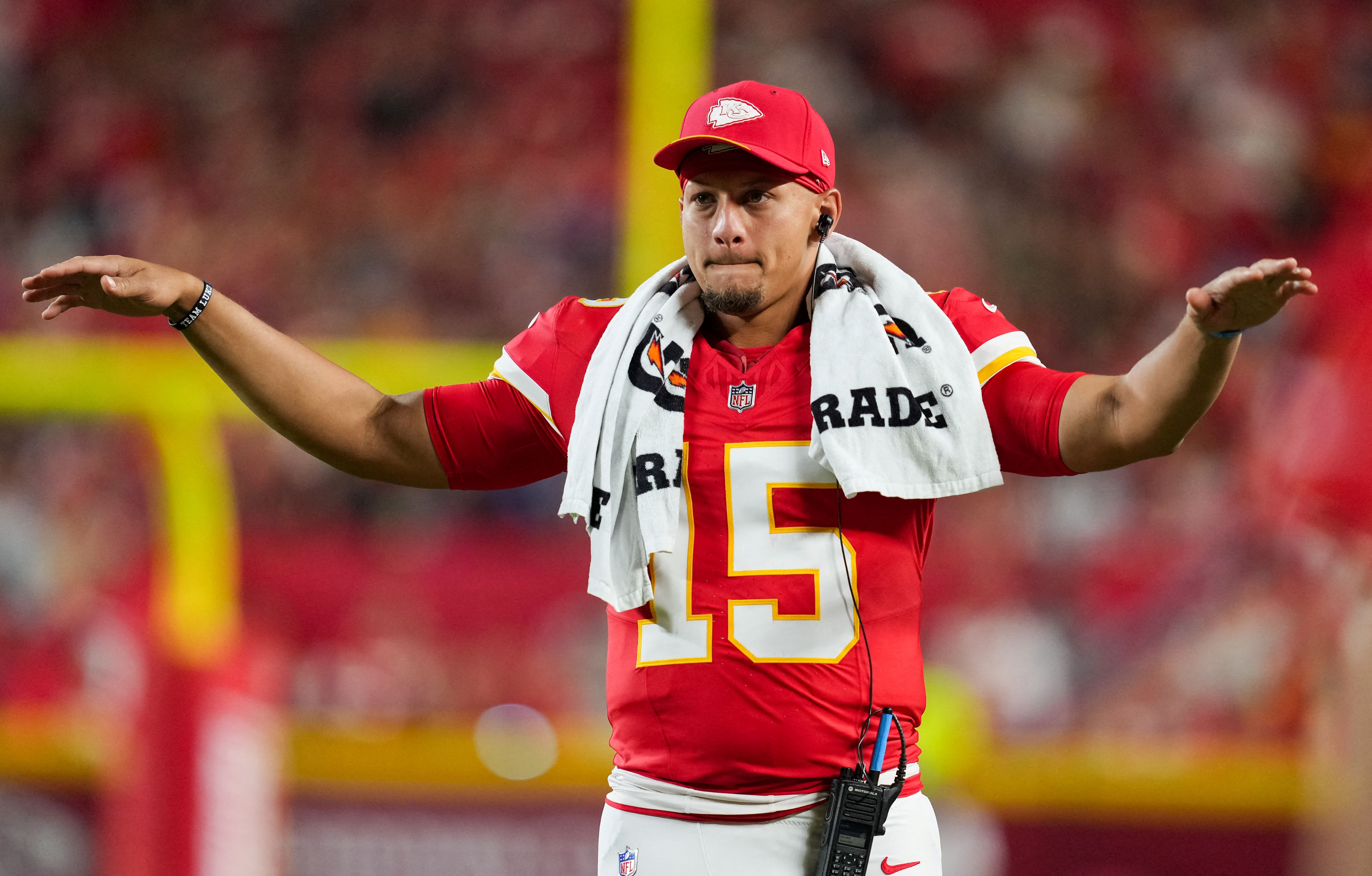 Kansas City Chiefs quarterback Patrick Mahomes quiets the crowd as we look at the NFL Comeback Player of the Year Award odds