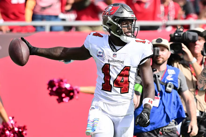 Chris Godwin of the Tampa Bay Buccaneers reacts after a reception in the fourth quarter against the Atlanta Falcons, and we offer our top Eagles vs. Buccaneers player props based on the best NFL odds.