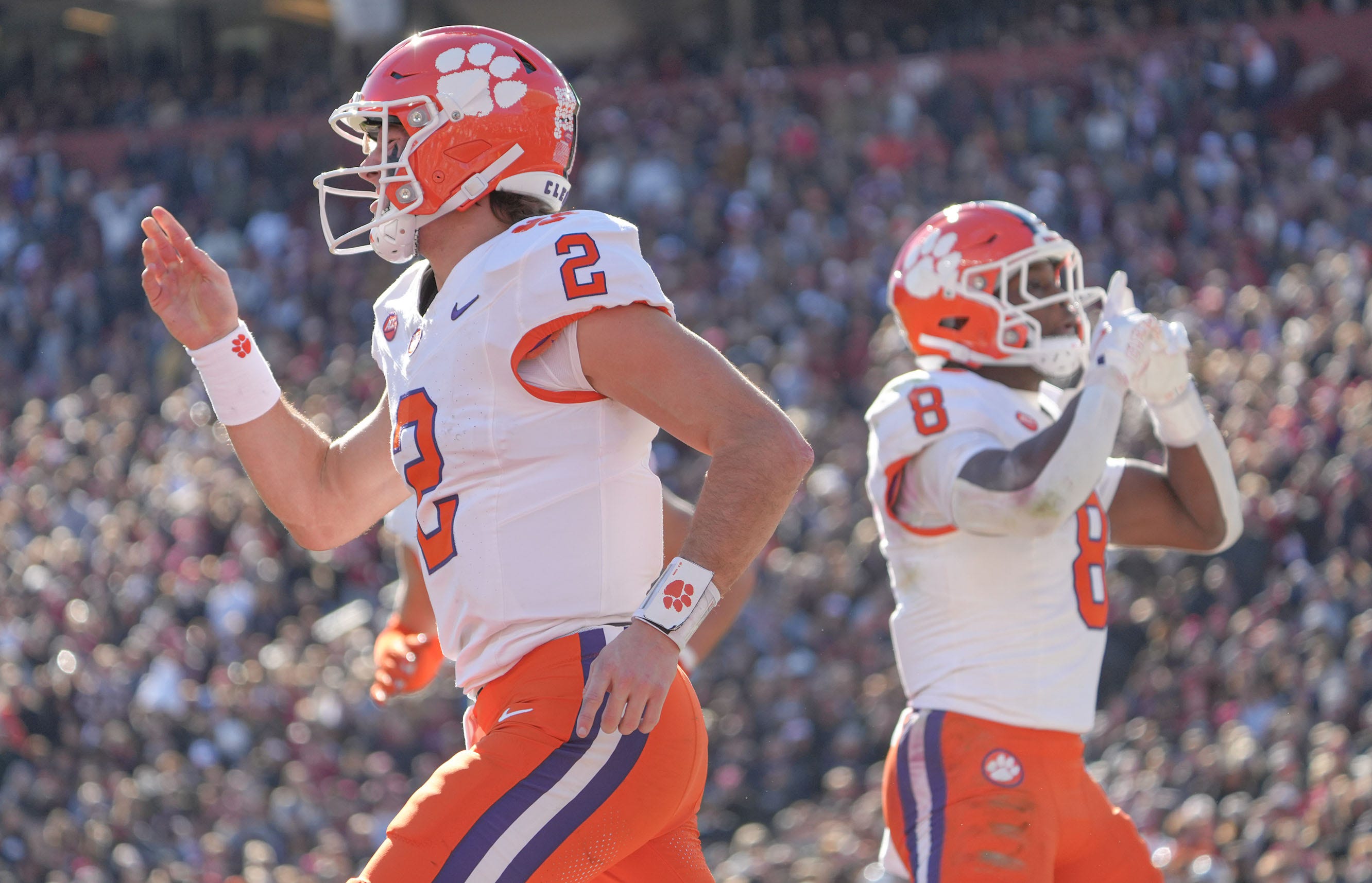 Clemson quarterback Cade Klubnik (2) and running back Adam Randall (8) are the focus of our Penn State vs. Clemson predictions for the Pinstripe Bowl. 