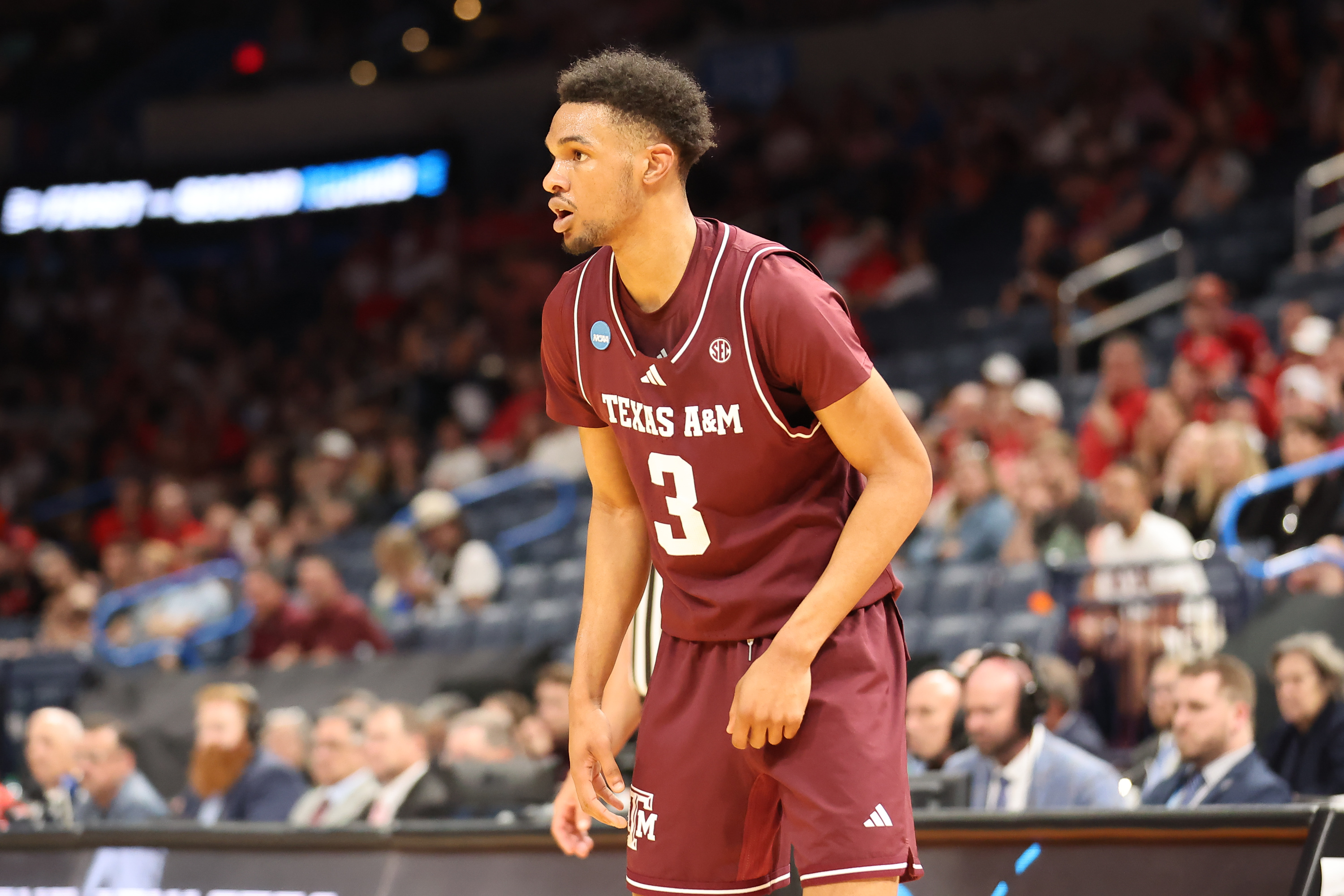 Texas A&M guard Rylan Griffen (3), seen here looking on during a game, is featured in our Texas A&M vs. Houston prediction today.