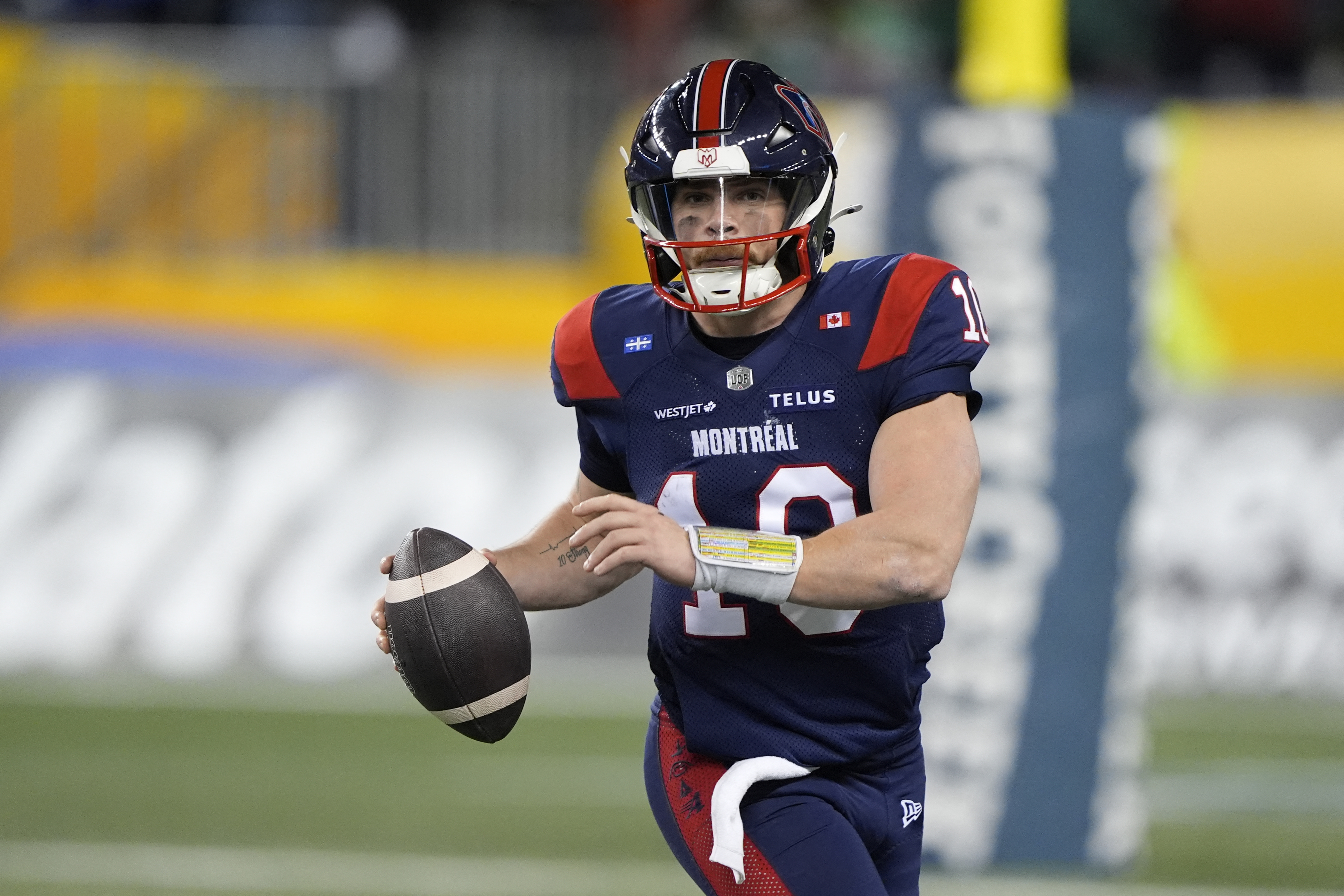 Montreal Alouettes quarterback Davis Alexander (10) runs the ball as we break down our Alouettes vs. Tiger-Cats prediction.