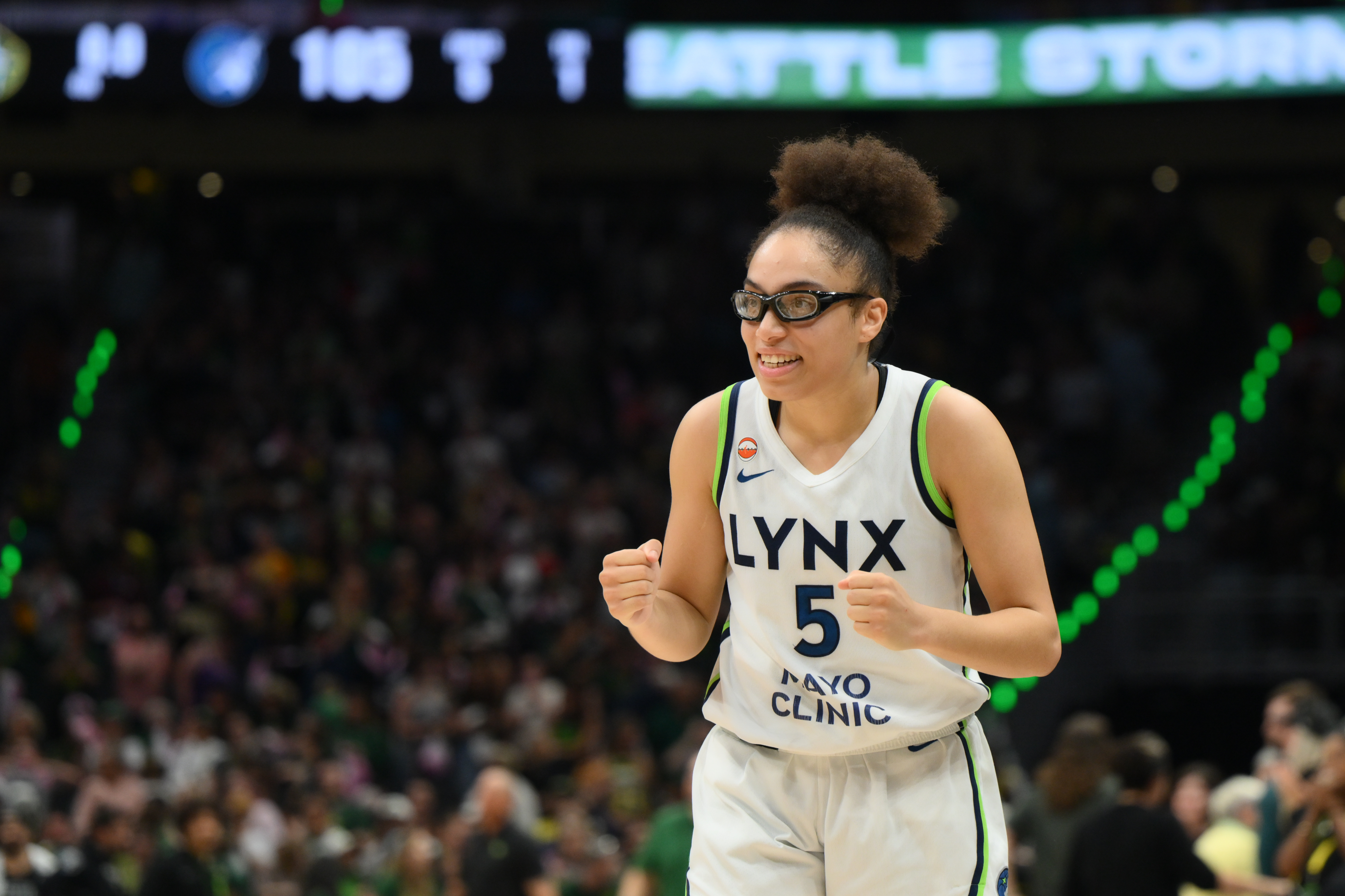 Minnesota Lynx guard Olivia Miles (5) celebrates as we break down the 2026 WNBA championship odds heading into the All-Star break.