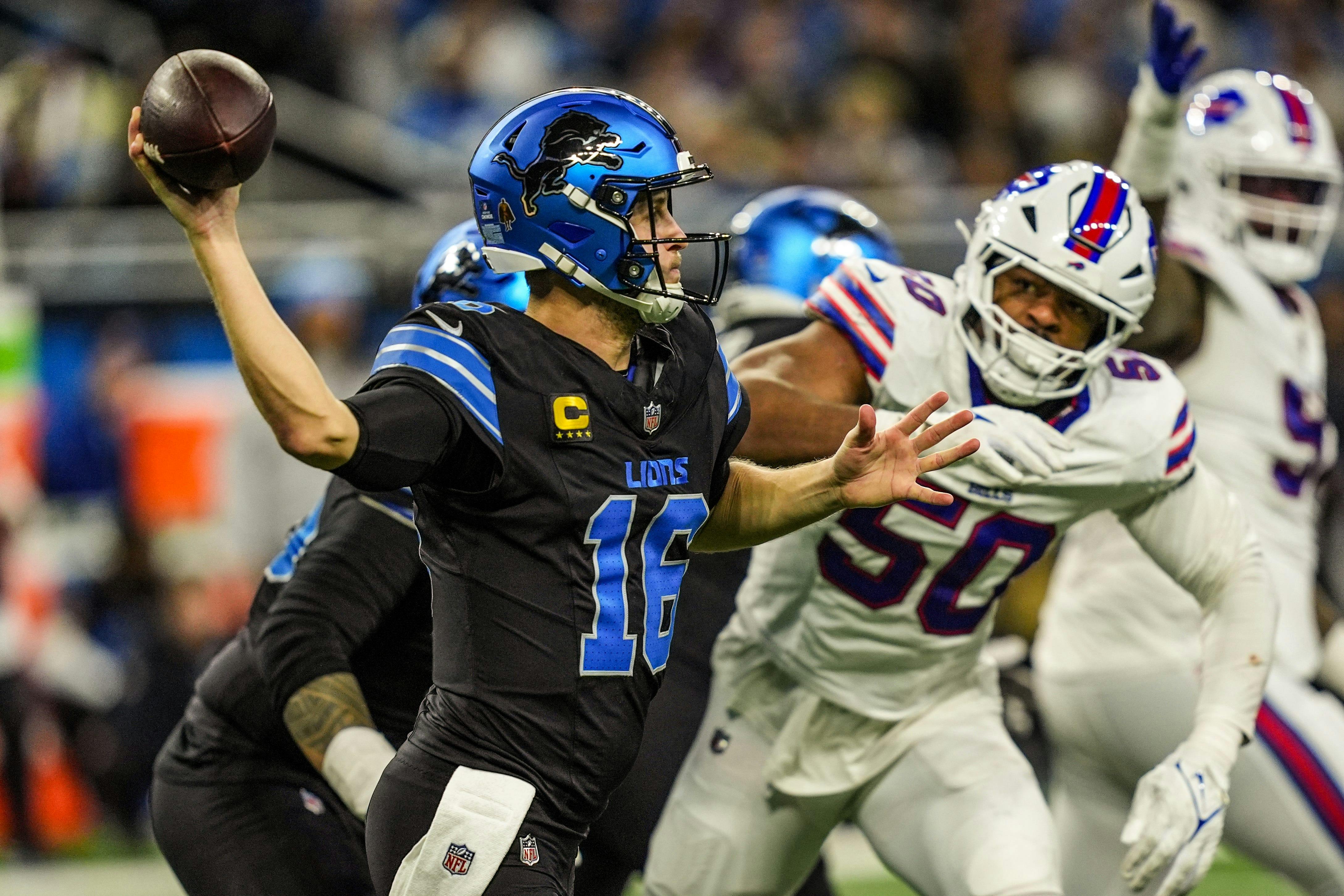 Detroit Lions quarterback Jared Goff throws a pass against the Buffalo Bills as we analyze the 2024-25 NFL MVP odds. 