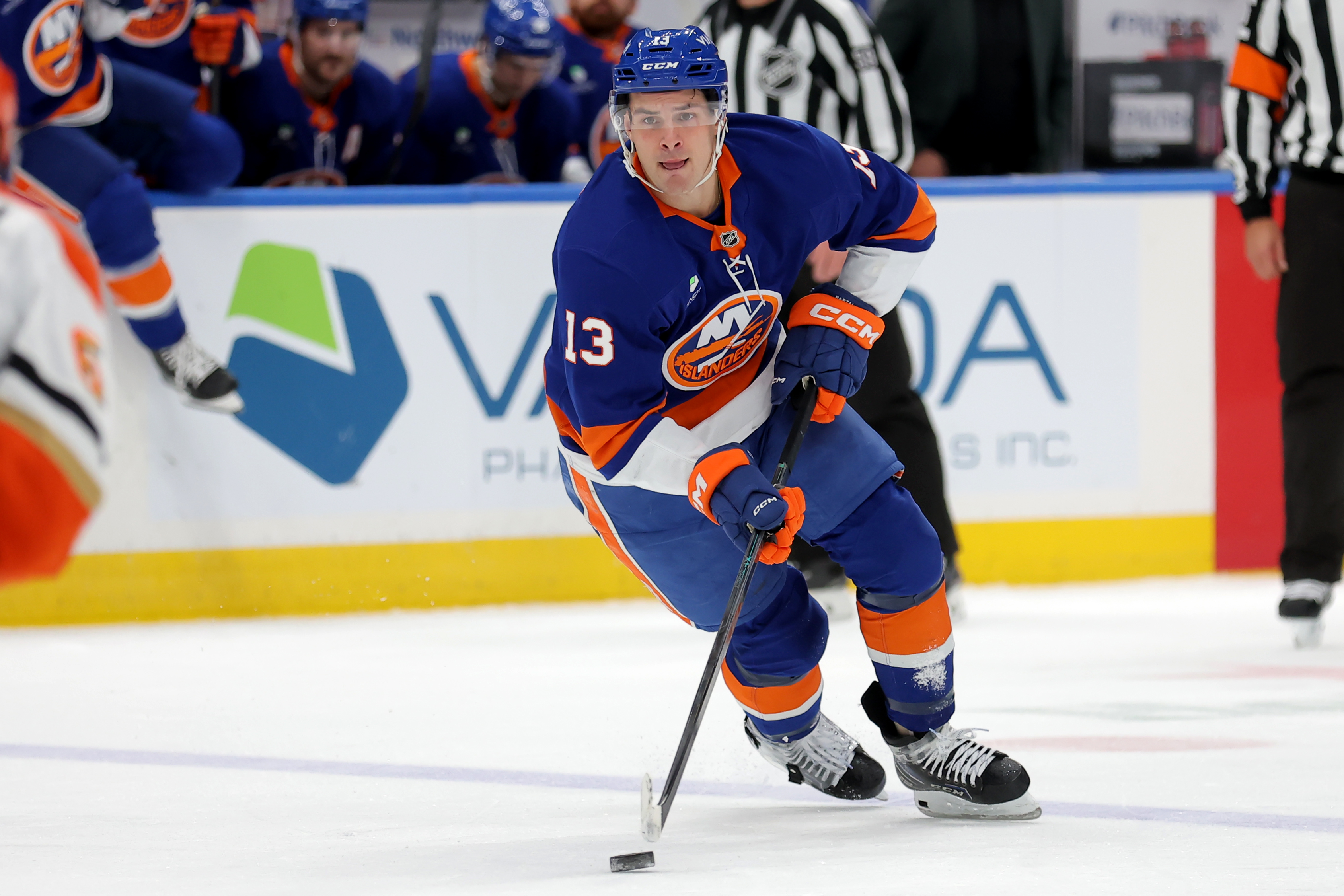New York Islanders center Mathew Barzal (13) skates with the puck as we offer our NHL anytime goal scorer predictions today
