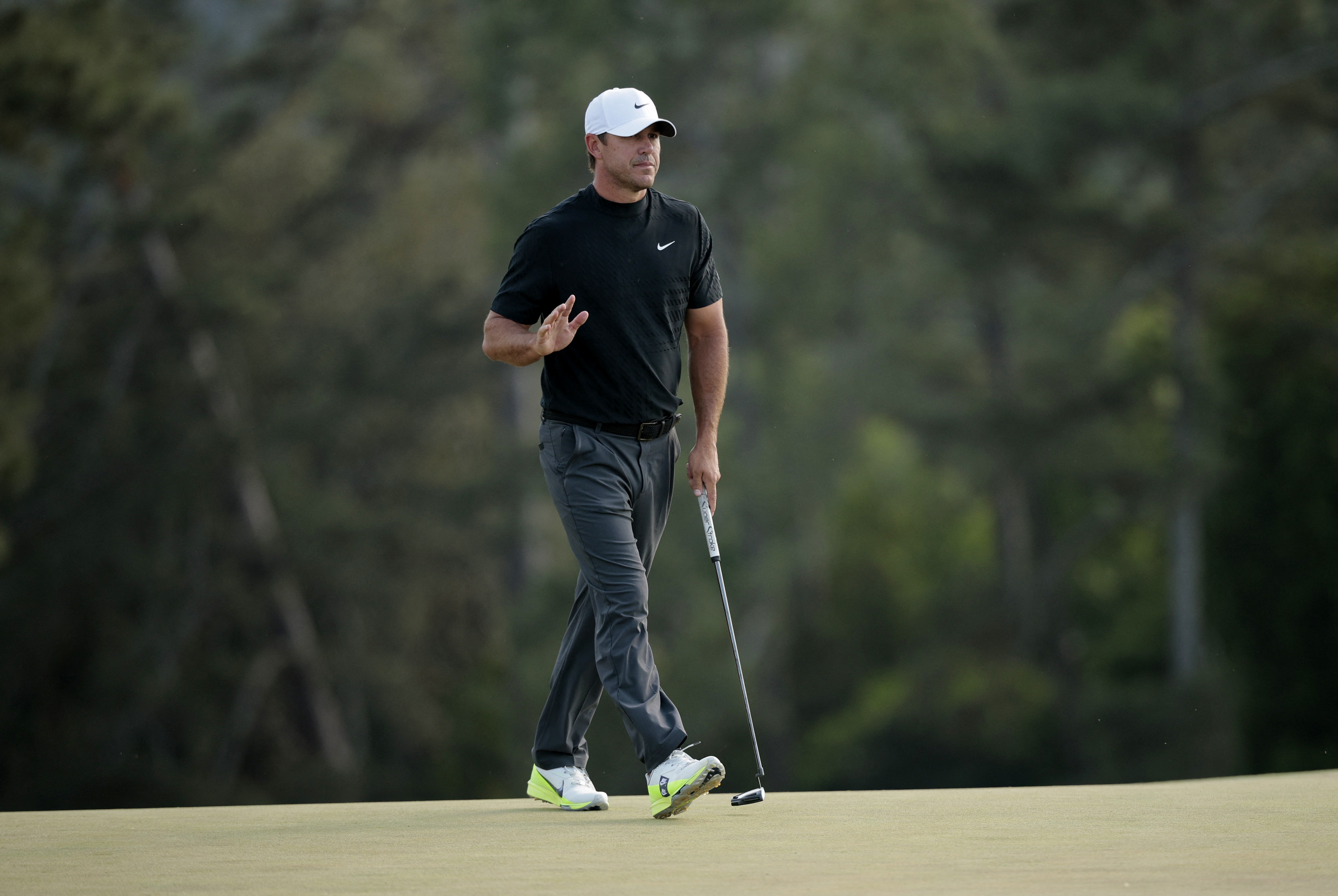 Brooks Koepka of the U.S. reacts on the 18th hole after finishing his final round.