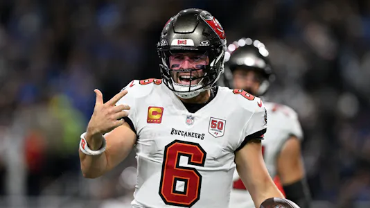 Pictured: Tampa Bay Buccaneers quarterback Baker Mayfield (6) reacts as we offer our Buccaneers vs. Saints player prop bets.