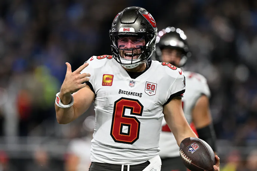 Pictured: Tampa Bay Buccaneers quarterback Baker Mayfield (6) reacts as we offer our Buccaneers vs. Saints player prop bets.