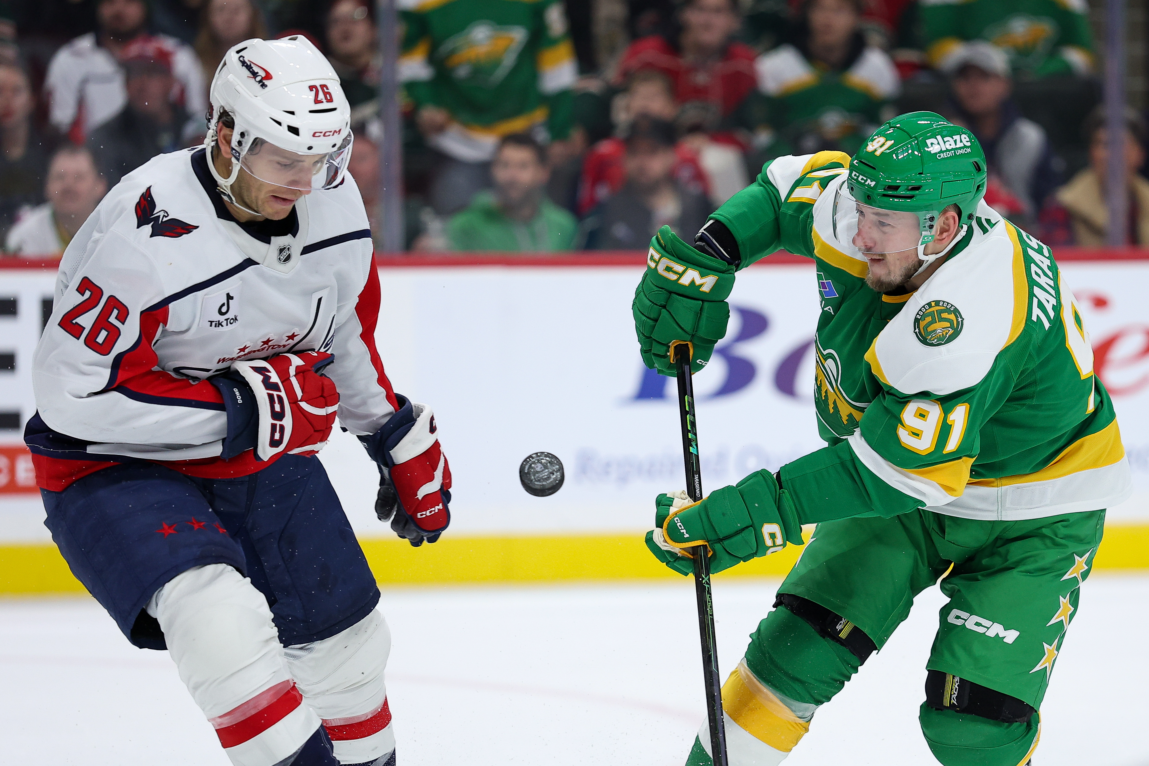 Minnesota Wild right wing Vladimir Tarasenko shoots the puck as we look at FanDuel and the FanDuel Sports Network launch NHL and NBA bet tracking.