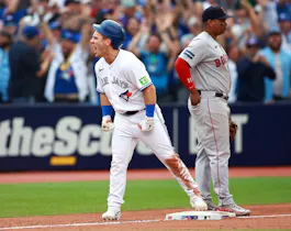 Daulton Varsho of the Toronto Blue Jays reacts after hitting a triple in the ninth inning against the Boston Red Sox, and we offer our top Blue Jays vs. Rays player props based on the best MLB odds.
