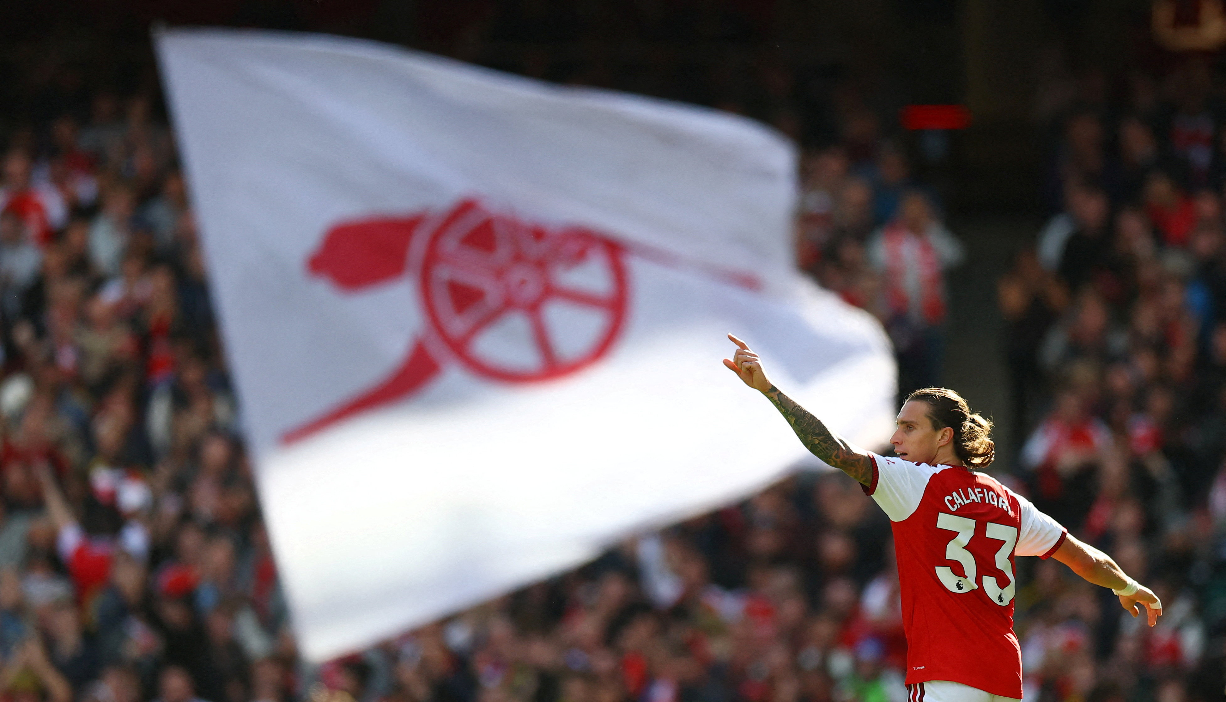 Arsenal's Riccardo Calafiori celebrates scoring their first goal as we look at the best Premier League odds