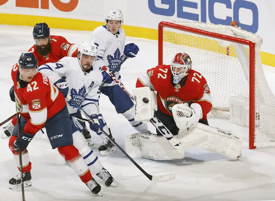 Goaltender Sergei Bobrovsky of the Florida Panthers stops a shot by the Toronto Maple Leafs.