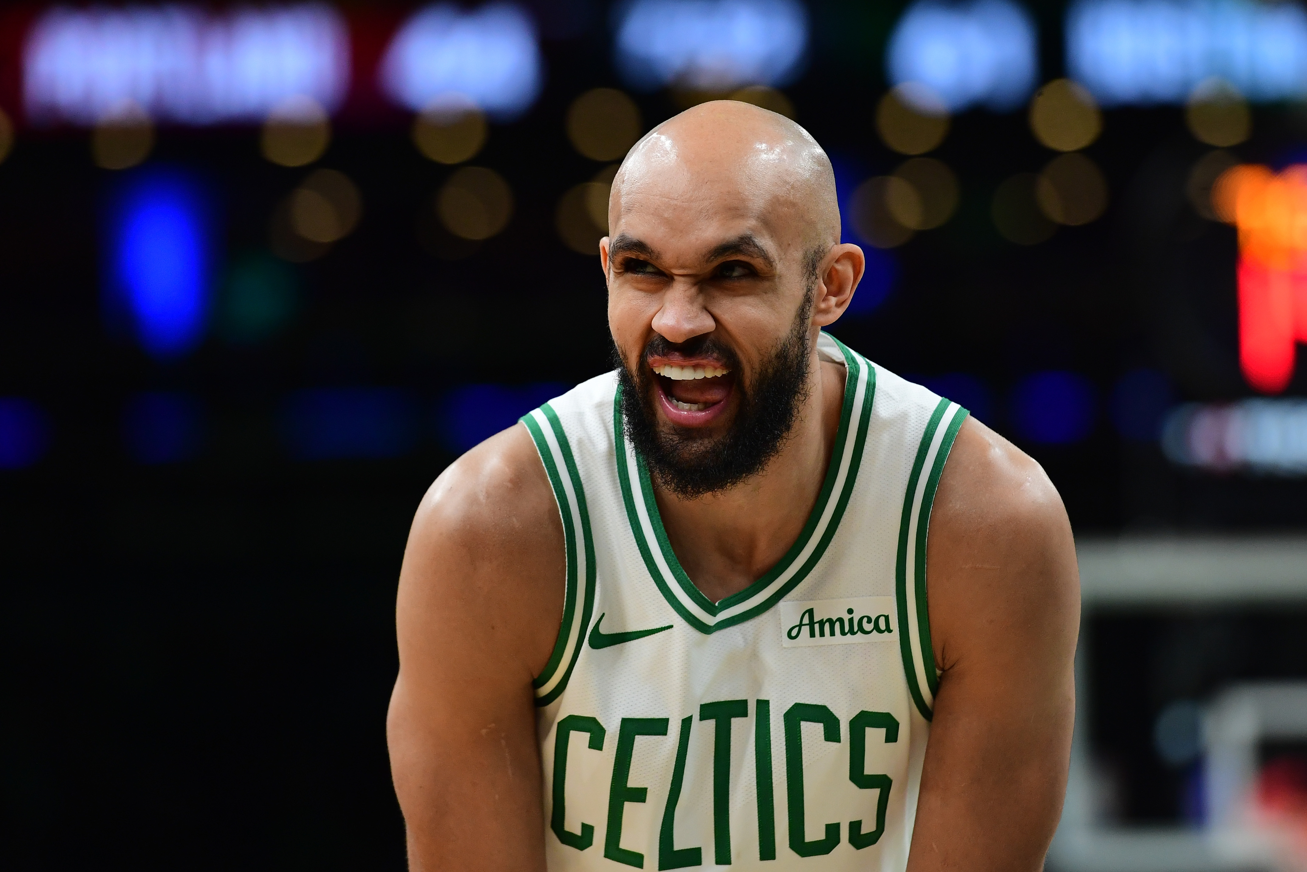 Boston Celtics guard Derrick White (9), seen here looking on during a game, is featured in our Celtics vs. 76ers player props for Game 3 today.