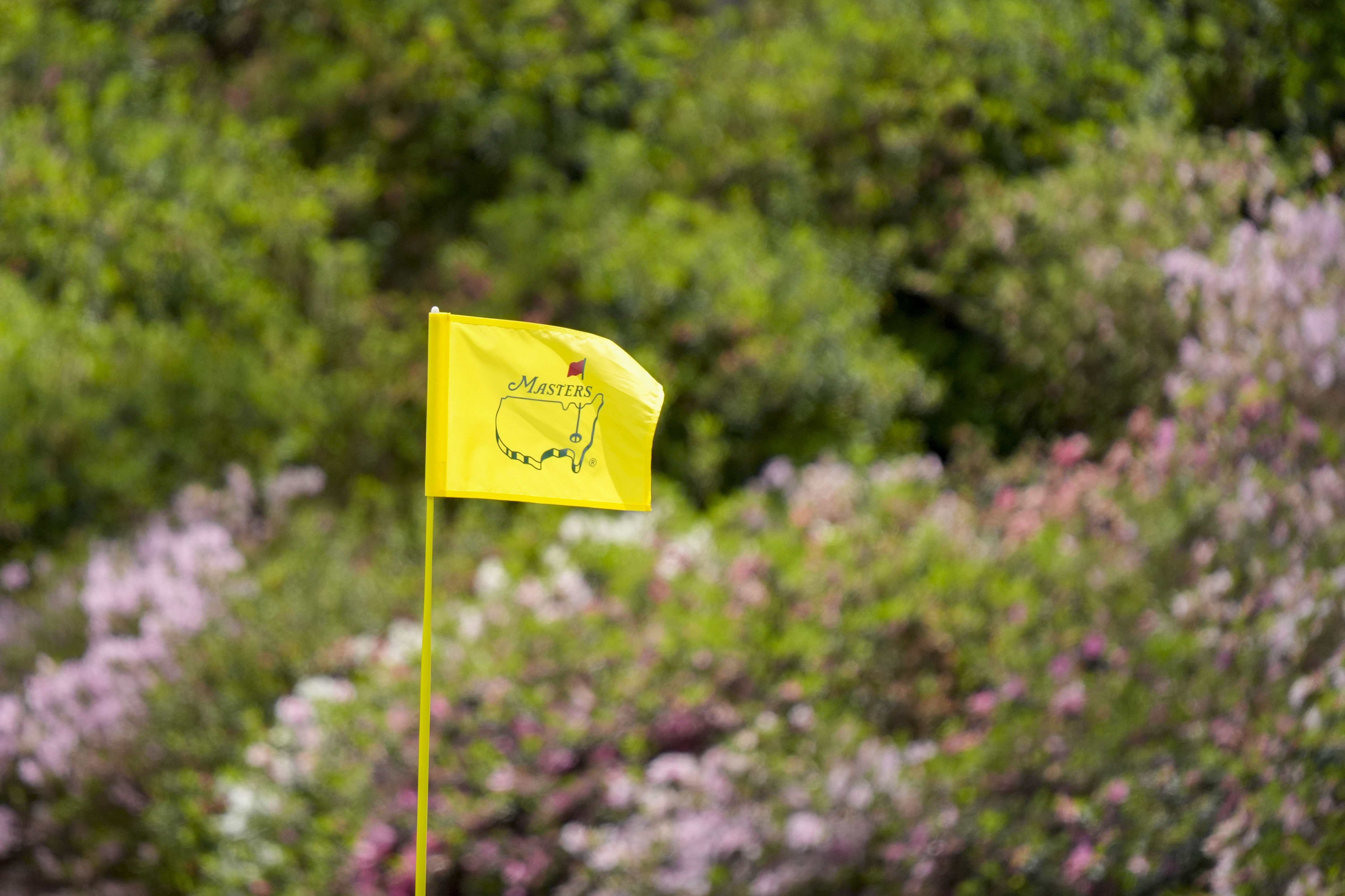 The pin flag at the 13th green blows in the wind during a practice round for the Masters Tournament at Augusta National Golf Club.