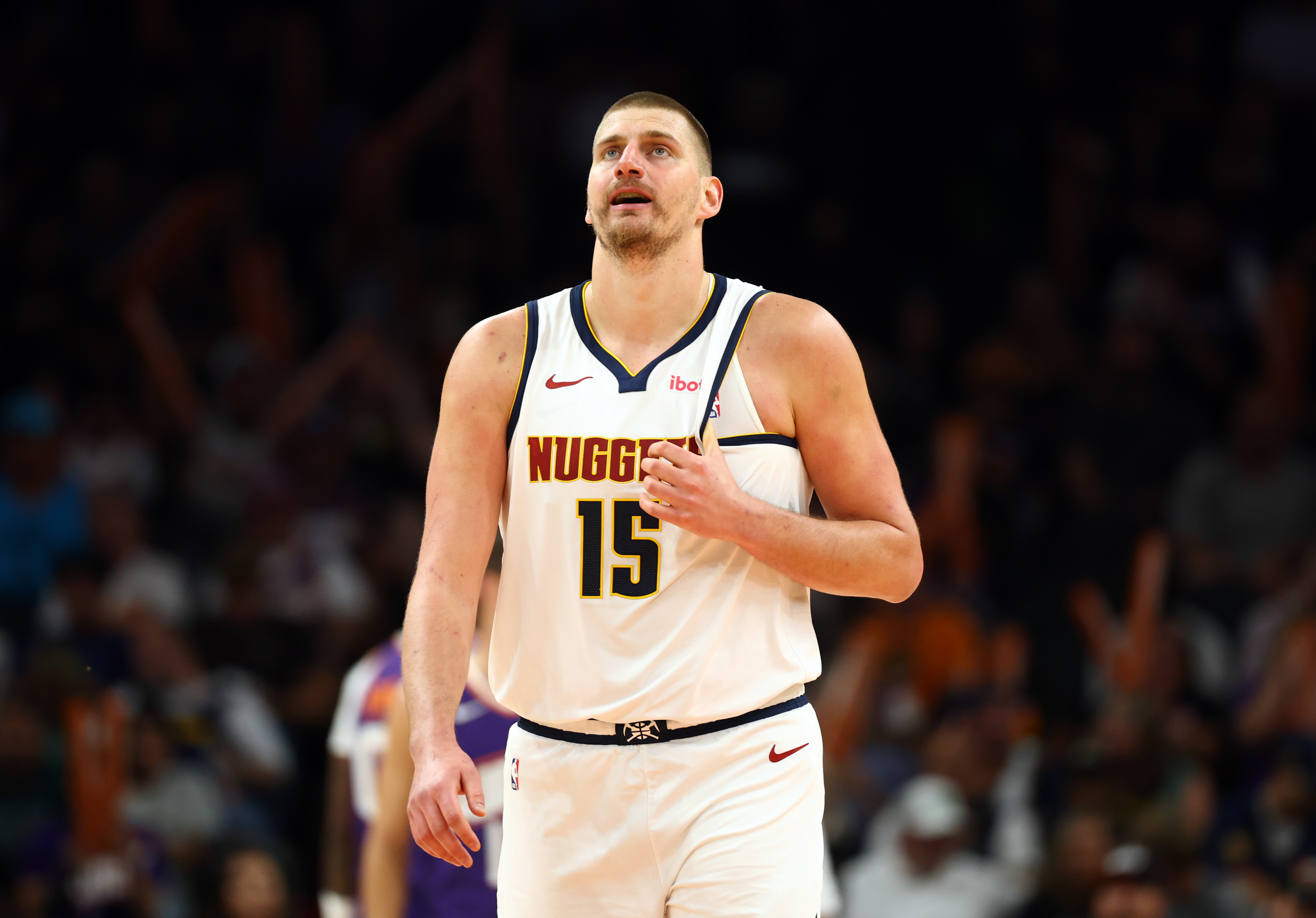 Denver Nuggets center Nikola Jokic (15), seen here reacting during a game, is featured in our Nuggets vs. Timberwolves player props for Game 6 today.