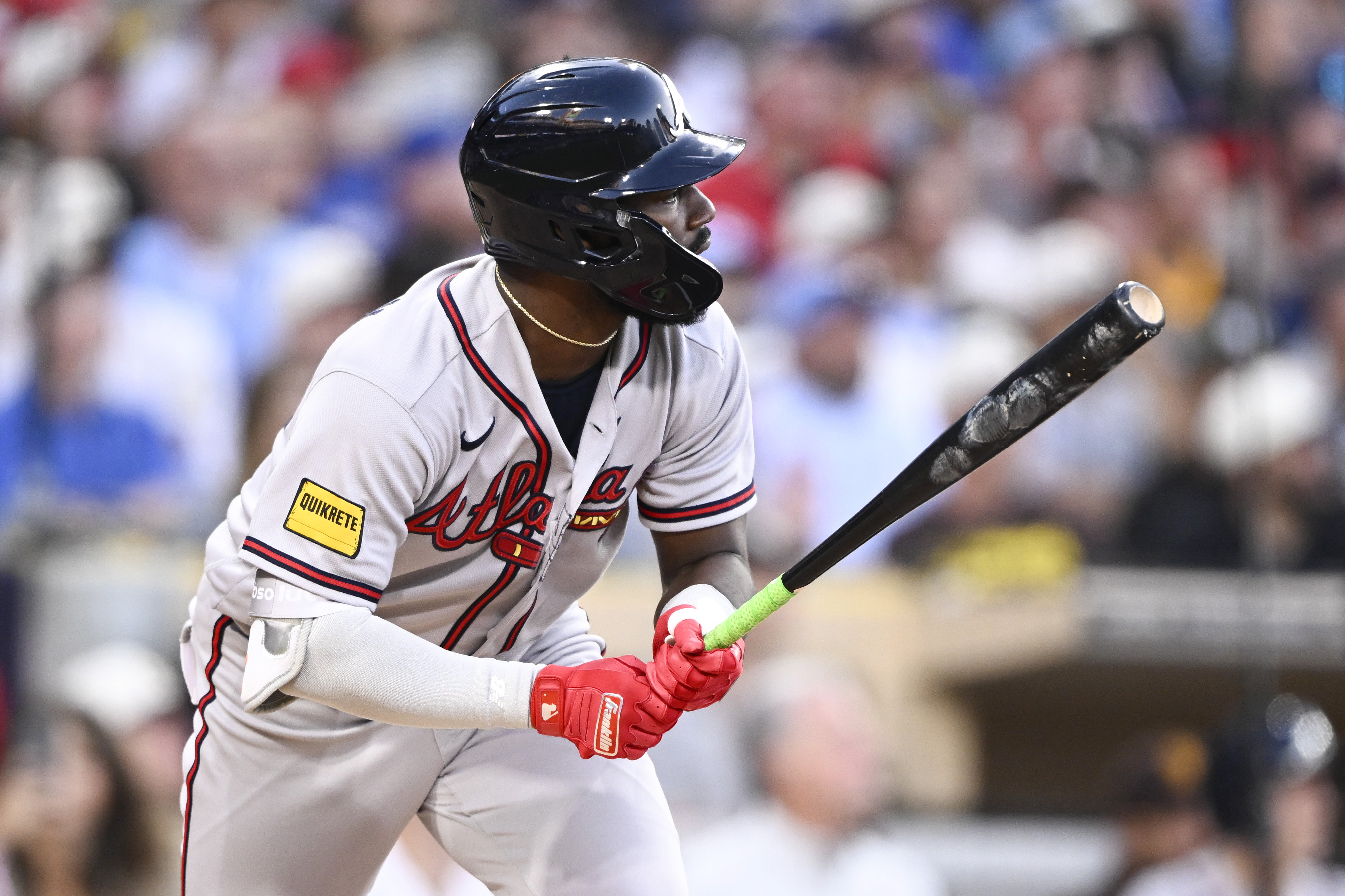 Atlanta Braves center fielder Michael Harris II (23) hits a single as we break down our Braves vs Padres prediction.