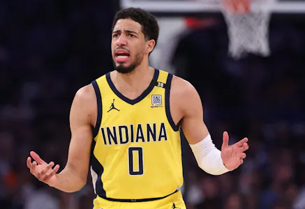 Tyrese Haliburton of the Indiana Pacers reacts after a call against the New York Knicks, and we offer our top NBA player props and expert picks based on the best NBA odds.