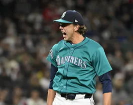 Logan Gilbert of the Seattle Mariners reacts to striking out a batter against the Boston Red Sox, and we're offering our top MLB player props and best bets based on the best MLB odds.